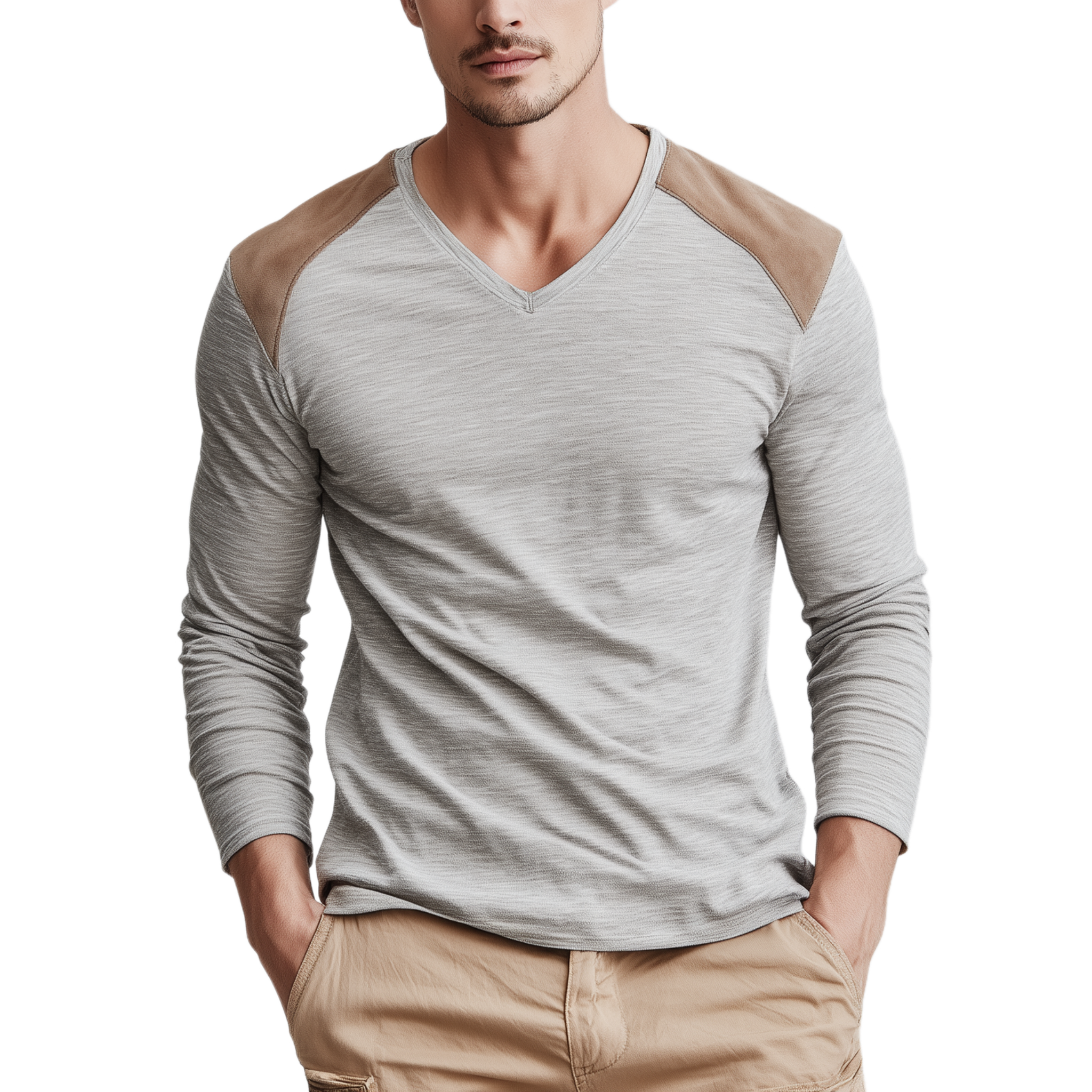 Men's Classic Casual Shoulder Stitching Thin Suede V-neck Bamboo Cotton Slim Long-sleeved T-shirt MTA3047G6K