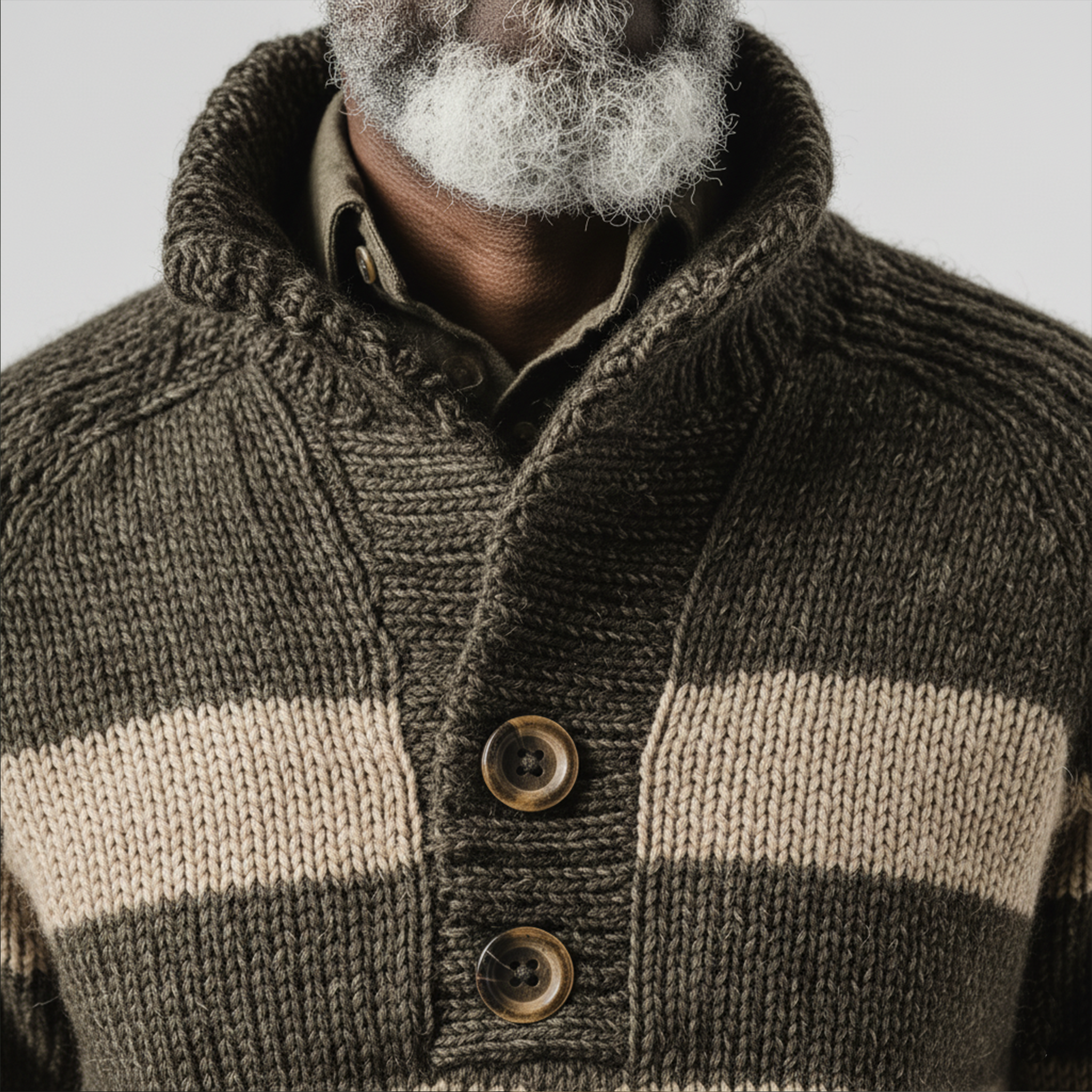 Men's Classic Casual Contrast Color Horizontal Striped Stand Collar Button Loose Sweater MTA2859I5K