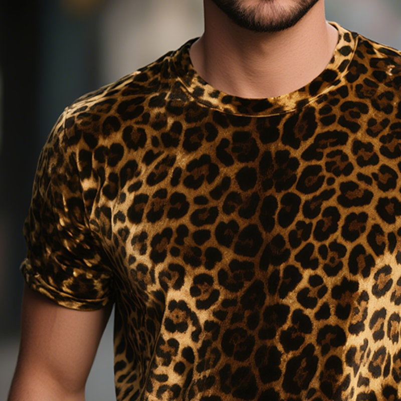 Men's Velour Retro Casual Leopard Print Round Neck Short Sleeve T-Shirt MTA0785G8TO