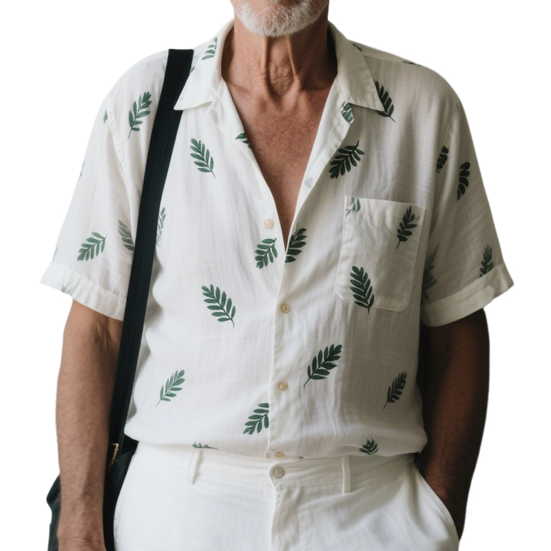 Men's Leaves Print Lapel Short Sleeve Casual Shirt MTA0650E4Z