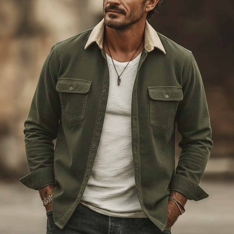 Men's Classic Army Green Faux Suede Colorblock Collar Long-sleeved Shirt MTZ2889A5U