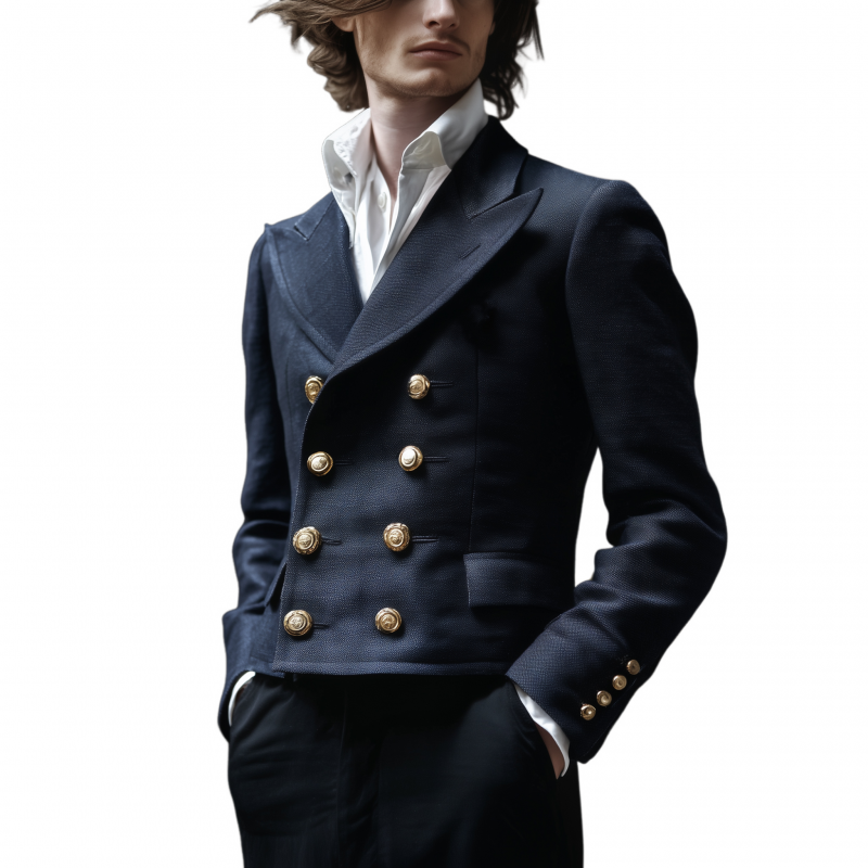 Men's Vintage Solid Color Cotton Blend Peaked Lapel Double-Breasted Metal Button Slim-Fit Cropped Jacket MTA2926G0M