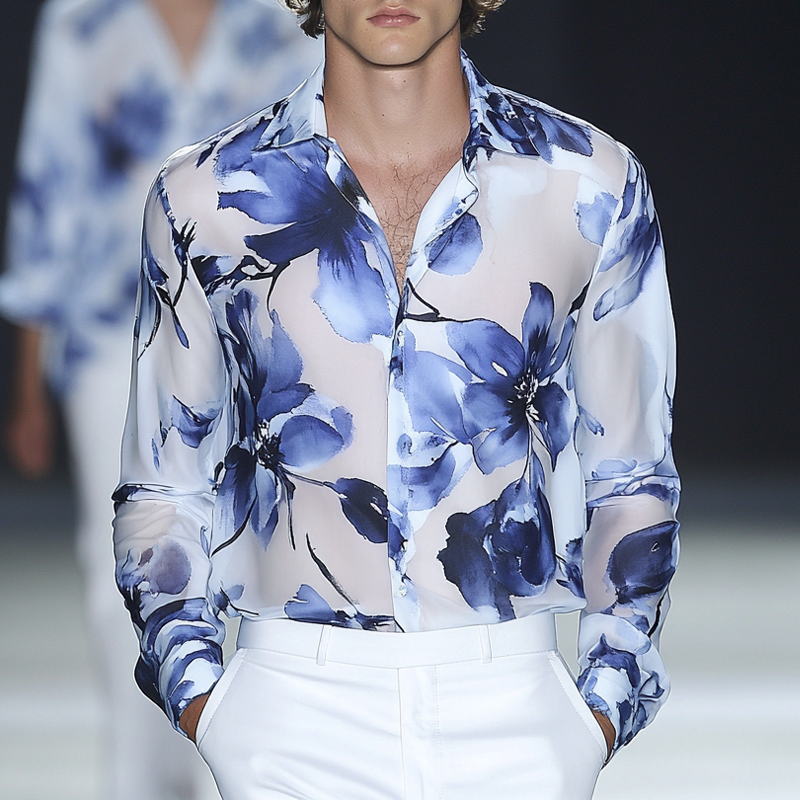 Men's Hawaiian Resort Print Long Sleeve Lapel Shirt MTA0617F7X