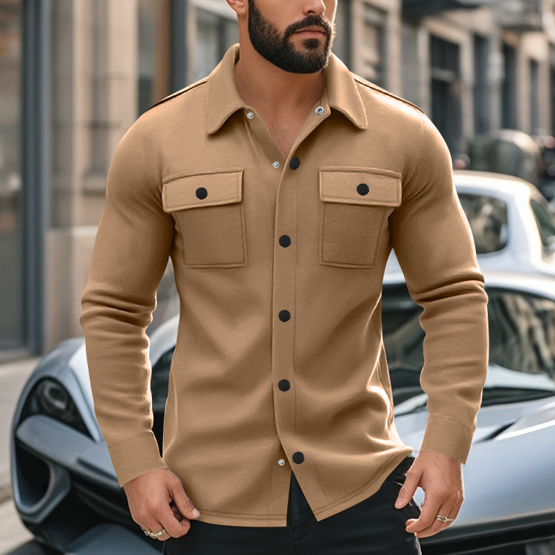 Men's Blended Multi-pocket Lapel Long-sleeved Shirt MTA2837G9X