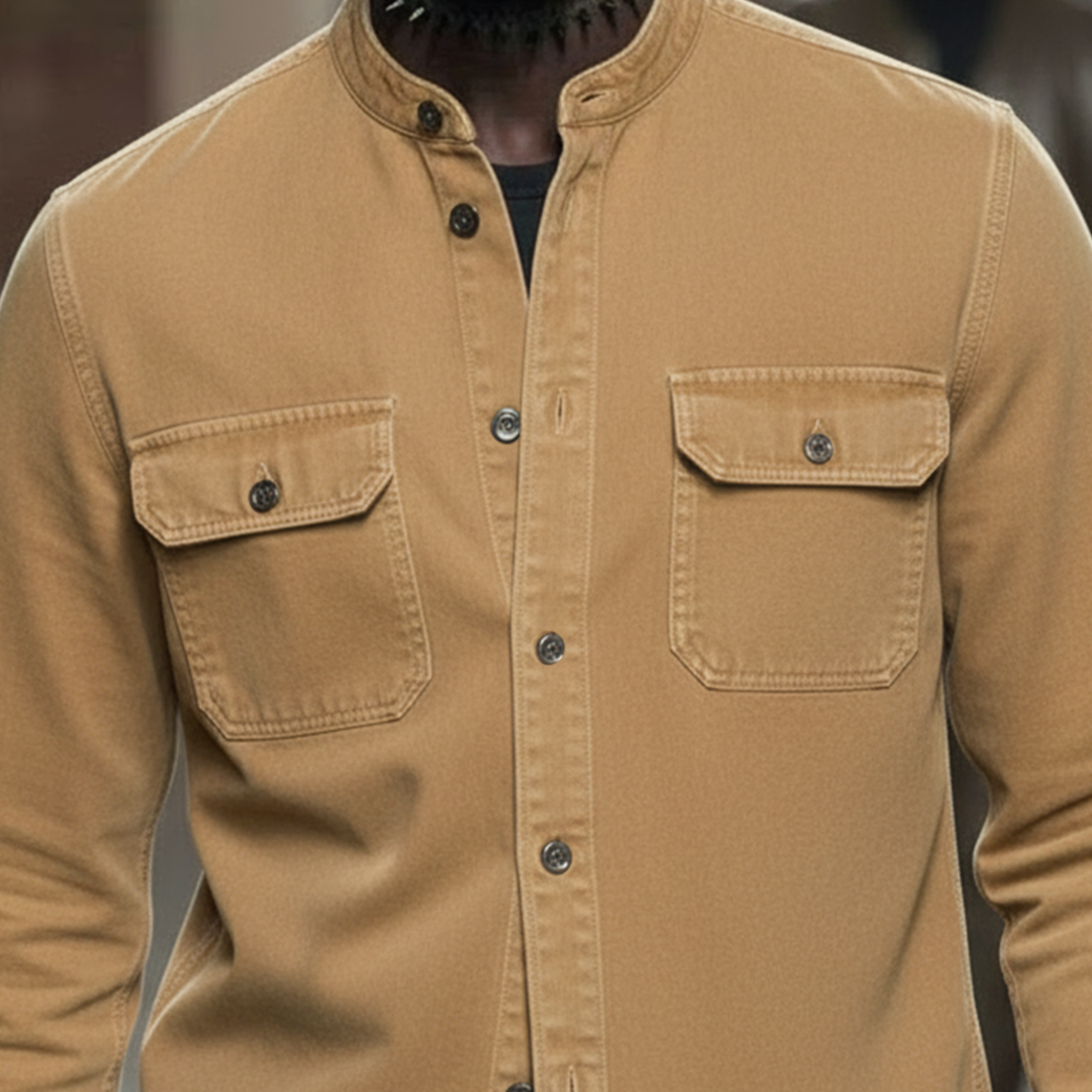 Men's Classic Casual Stand-collar Washed Cotton Long-sleeved Shirt MTZ0566A0K