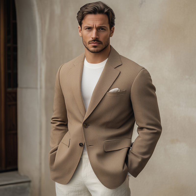 Men's Casual Solid Color Cotton Blend 3D Stripe Notch Lapel Single-breasted Loose Blazer MTA1481H2M