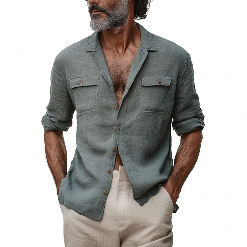 Men's Casual Breathable Cotton Linen Lapel Chest Pocket Slim Fit Long Sleeve Shirt MTA1297E6M