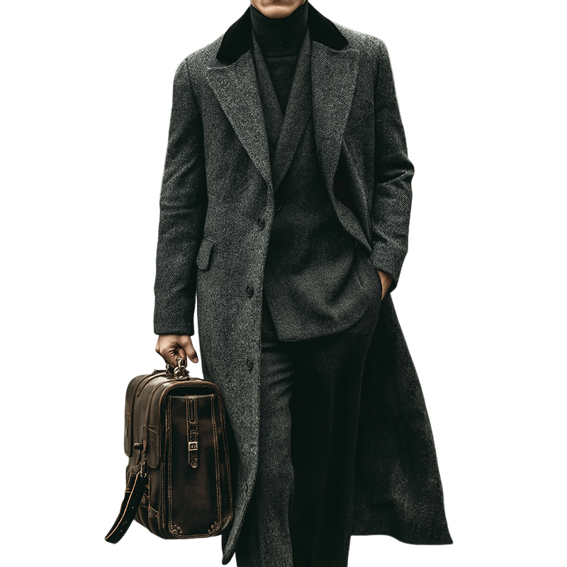 Men's Retro Casual British Style Fur Collar Herringbone Button Long Coat MTA2574I8TO