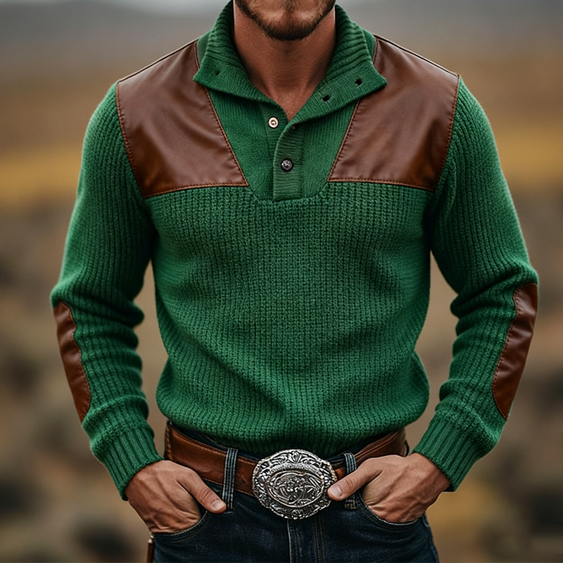 Men's Retro Casual Faux Leather Stitching Knitted Lapel Pullover Sweater MTA2451J4TO