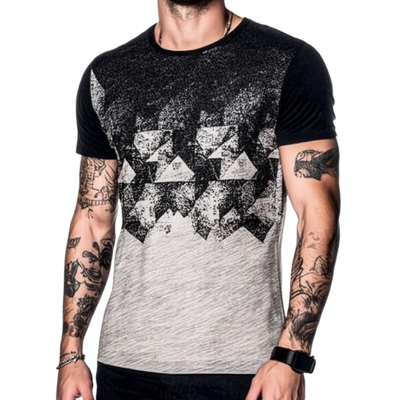 Men's Casual Contrast Gradient Geometric Print Round Neck Loose Short Sleeve T-shirt MTA1570E5M