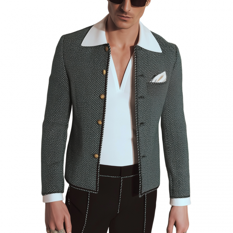 Men's Vintage Fashion Twill Jacquard Contrast Color Trim Round Neck Single Breasted Slim Box Jacket MTA2211G8M