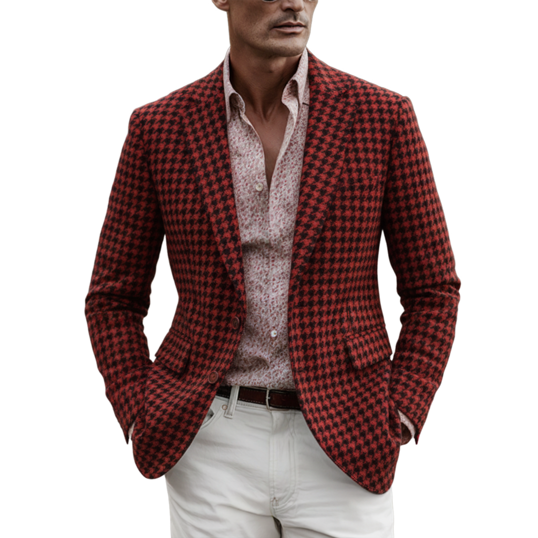 Men's Classic Party Christmas Red Faux Houndstooth Wool Single-Breasted Blazer MTA3052I5K