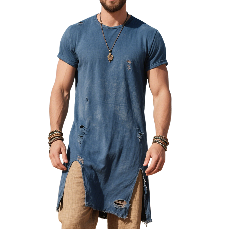Men's Retro Casual Cotton Ripped Mid-Length Round Neck Short Sleeve T-Shirt MTA1844F5TO