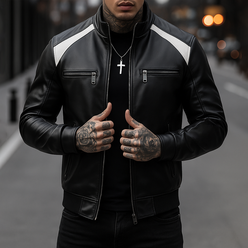Men’s Fashion Colorblock PU Leather Stand Collar Zipper Bike Jacket MTA0489H1Z