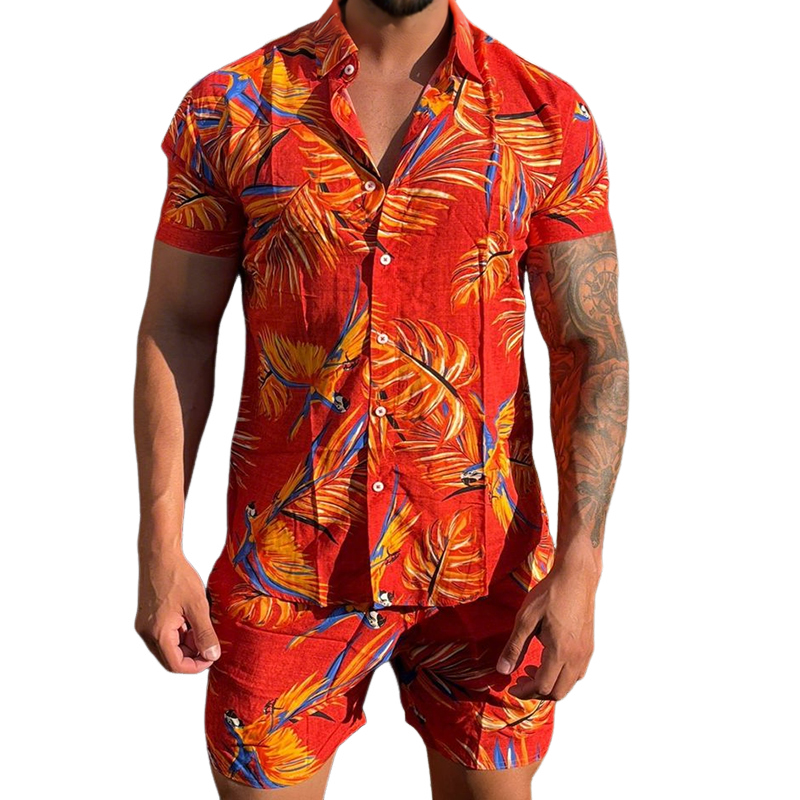 Men's Retro Casual Hawaiian Floral Print Lapel Short Sleeve Shirt Shorts Two-Piece Set MTA0639E3TO