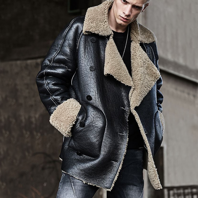 Men's Textured PU Leather And Faux Shearling Double-breasted Short Coat MTA2226I6U