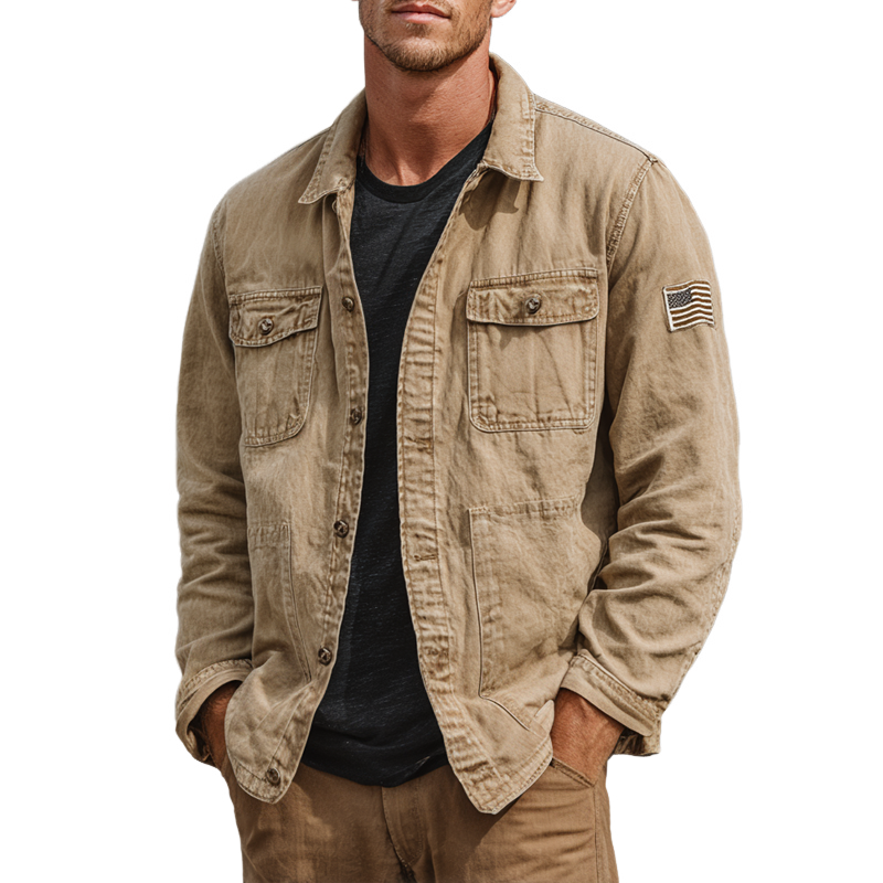 Men's Retro Washed Cotton Lapel Multi-pocket Cargo Jacket MTA1219I6Z
