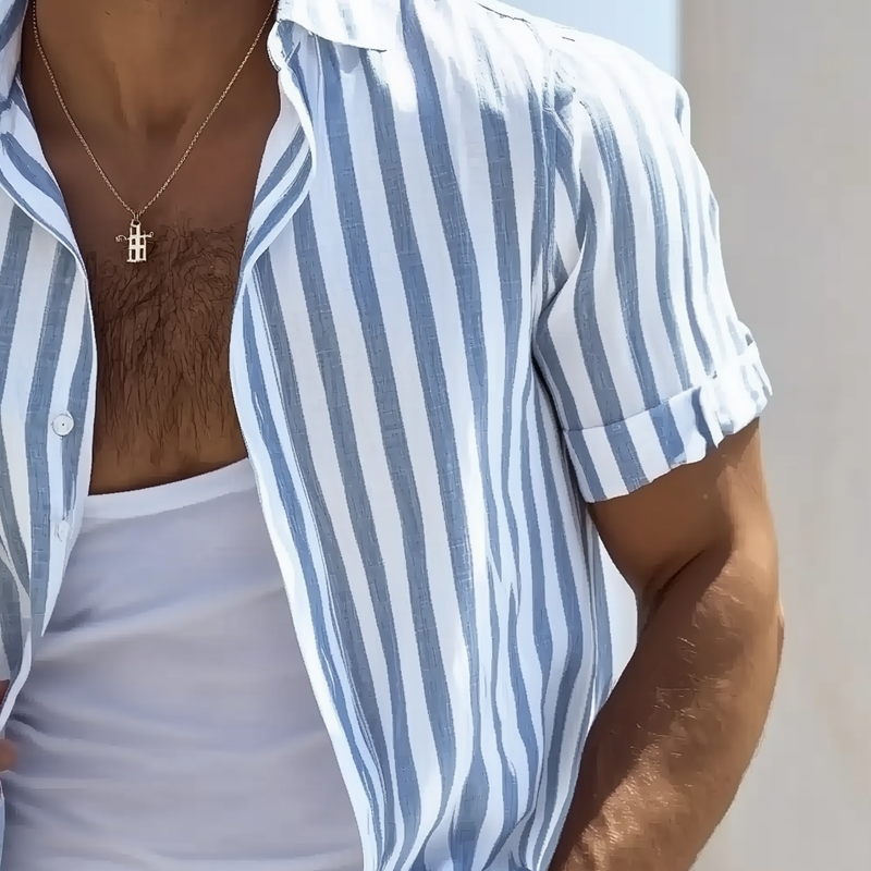 Men's Cotton And Linen Striped Short-sleeved Shirt MTA2106G1X