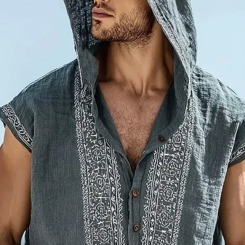 Men's Embroidered Single Breasted Hooded Sleeveless Shirt MTA0466G9Y