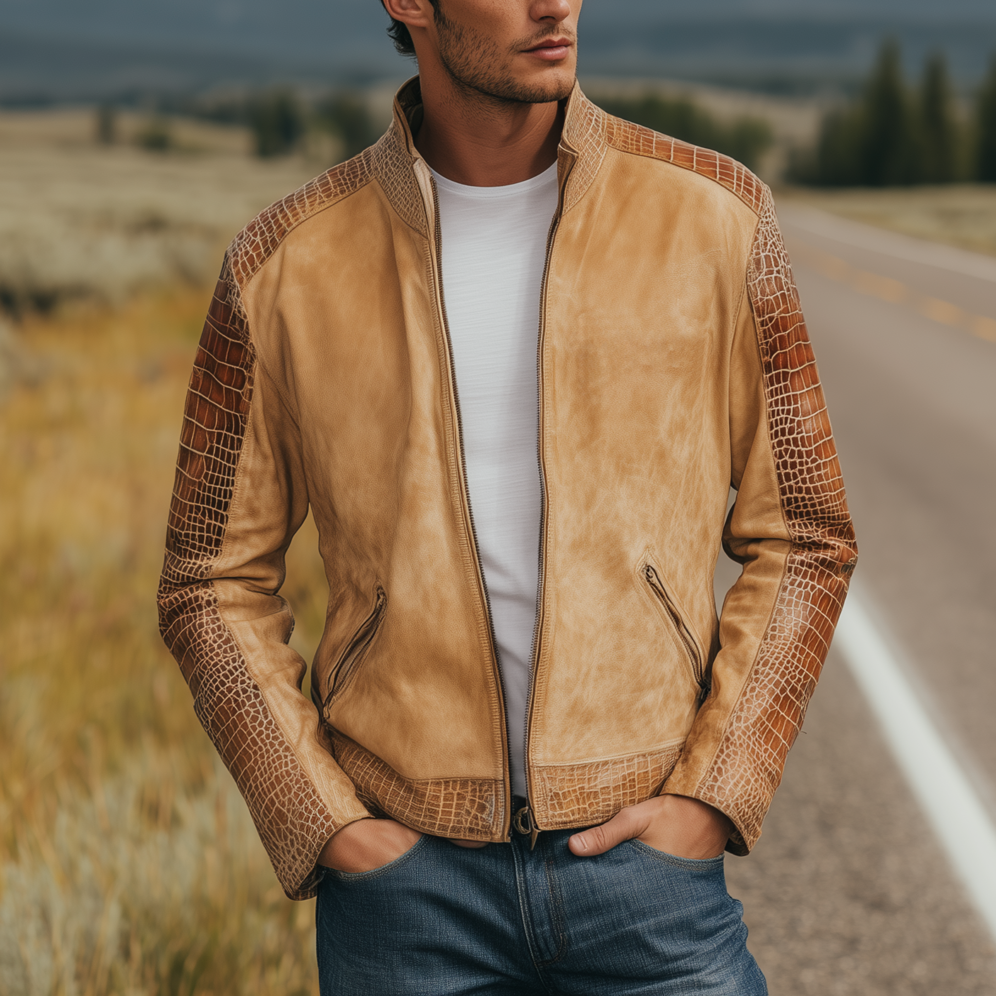 Men's Classic Retro Western Cowboy Style Stand Collar Textured Leather Patchwork Zipper Jacket MTA0575H0K