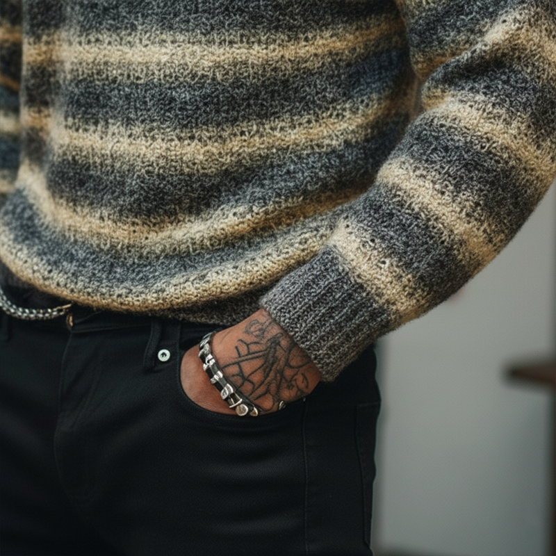 Men's Fashion Striped Polyester Faux Wool V-Neck Slim Fit Sweatshirt MTA1741J3P