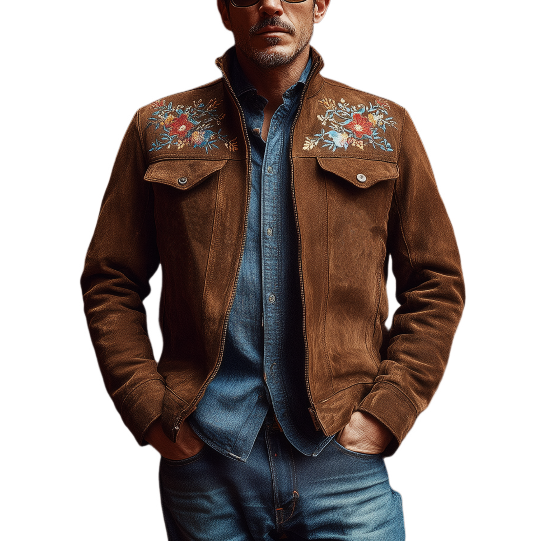 Men's Classic American Retro Western Style Stand Collar Embroidered Suede Jacket MTA2162H3K