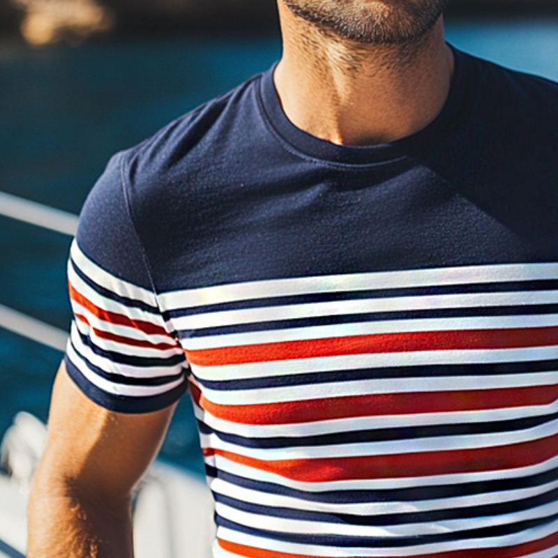 Men's Retro Casual Striped Printed Elastic Slim Round Neck Short Sleeve T-Shirt MTA0995E0TO