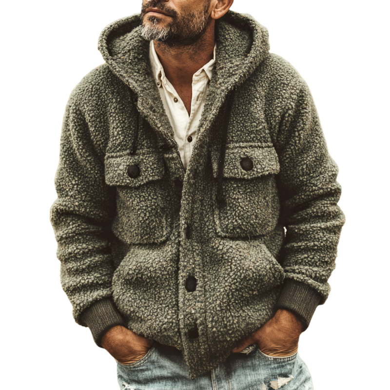 Men's Fleece Hooded Multi-pocket Single Breasted Casual Jacket MTA0152I7Z