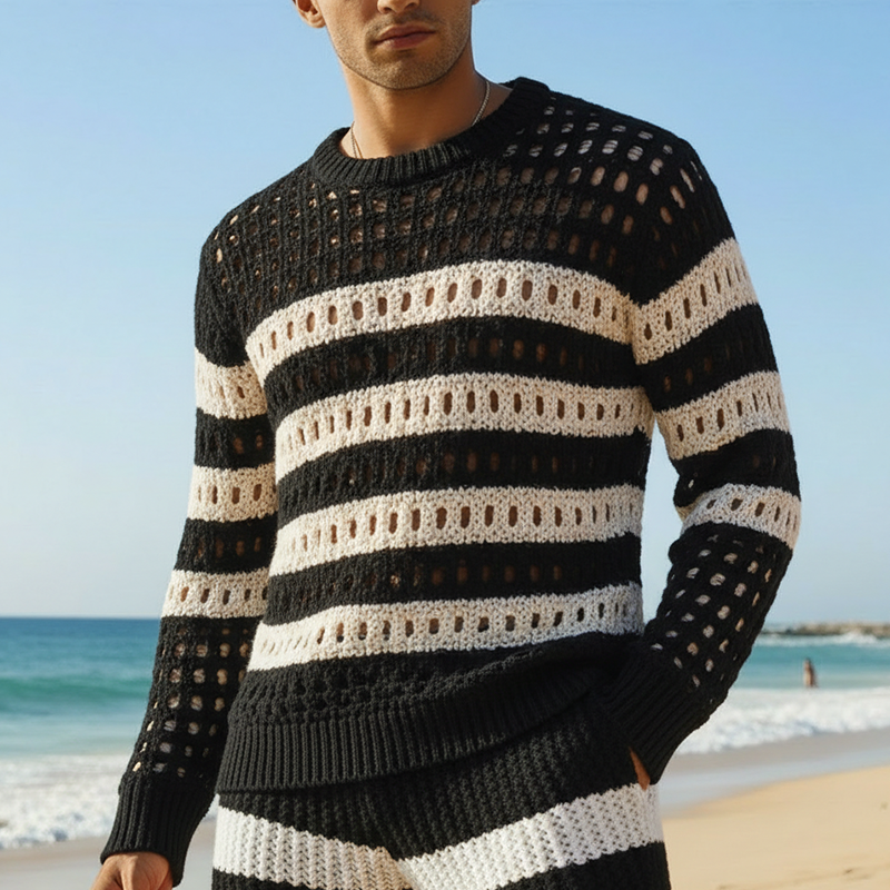 Men's Spring Retro Color-Block Striped Cotton Yarn Knitted Hollow Long-Sleeve Sweater MTZ2395A0P
