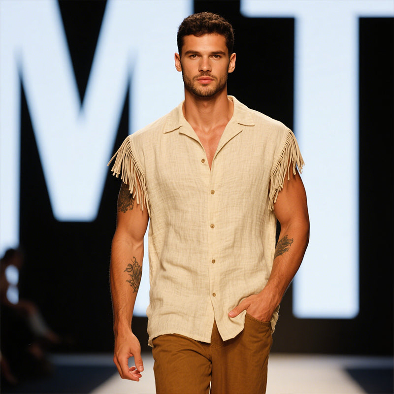 Men's Retro Casual Solid Color Linen Tassel Lapel Sleeveless Shirt MTA2907E7TO