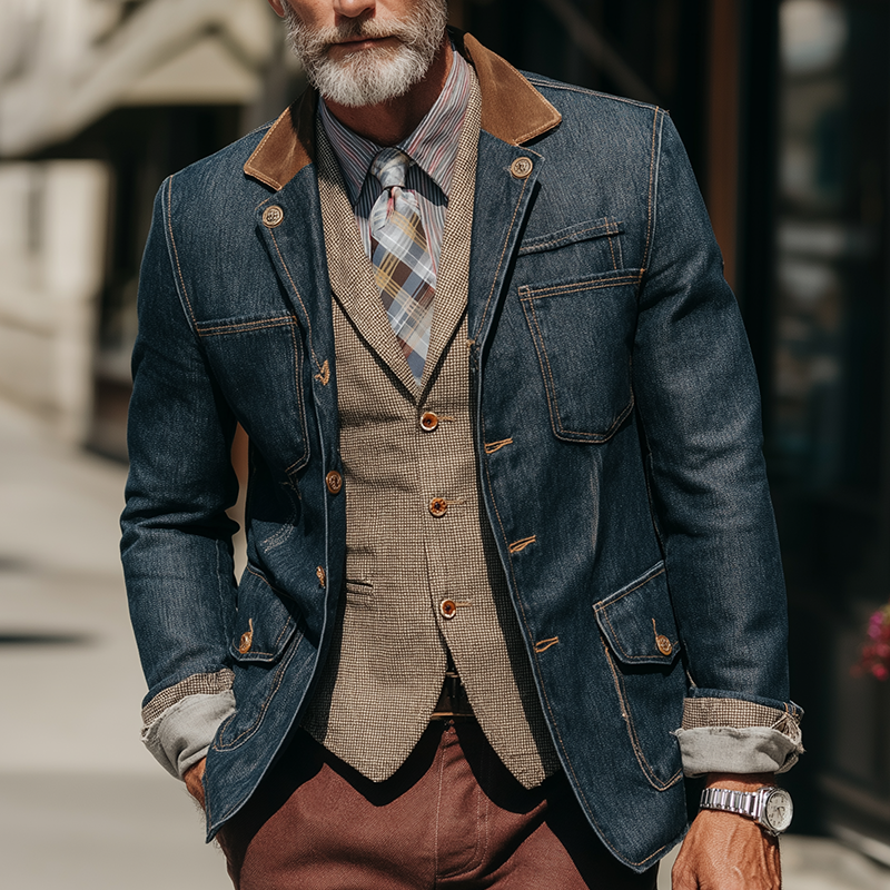 Men's Vintage Washed Distressed Denim Faux Suede Patchwork Formal Jacket MTA0270I0P