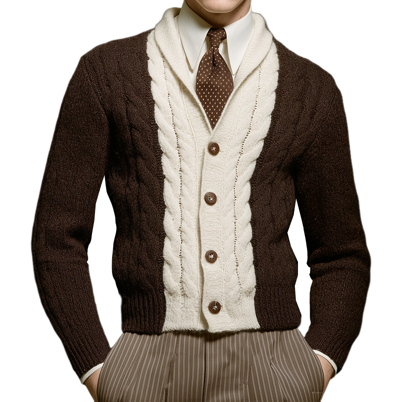 Men's Retro Casual Color Block Cable Knit Button Cardigan MTA1053K4TO