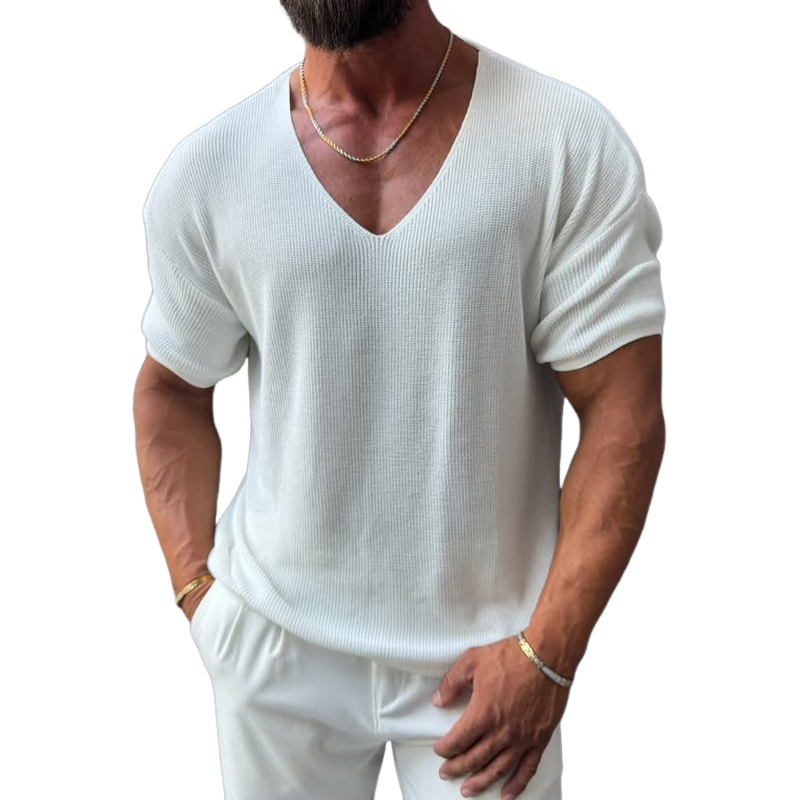 Men's Solid Color Knit V Neck Short Sleeve T-shirt MTA1501G7Z