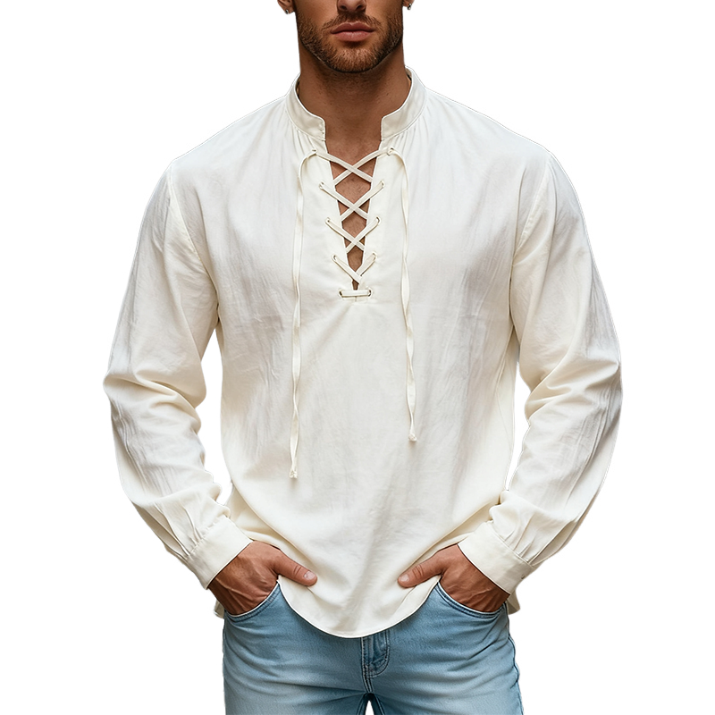 Men's Solid Color Cotton Stand Collar Tie Long-sleeved Shirt MTA2962J9X