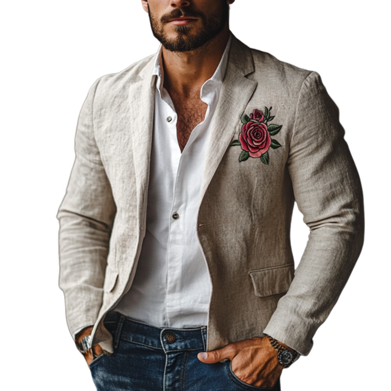 Men's Casual Rose Embroidery Single Breasted Linen Blazer 92995768K