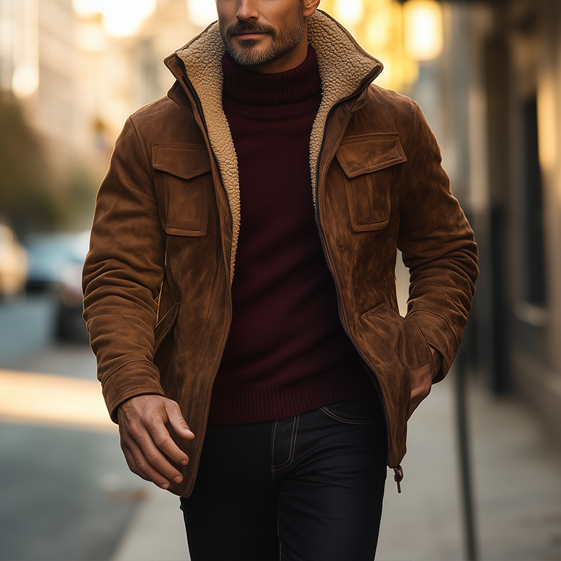 Men's Winter Retro Faux Suede Fleece Lined High-Neck Warm Jacket MTA0108K1P