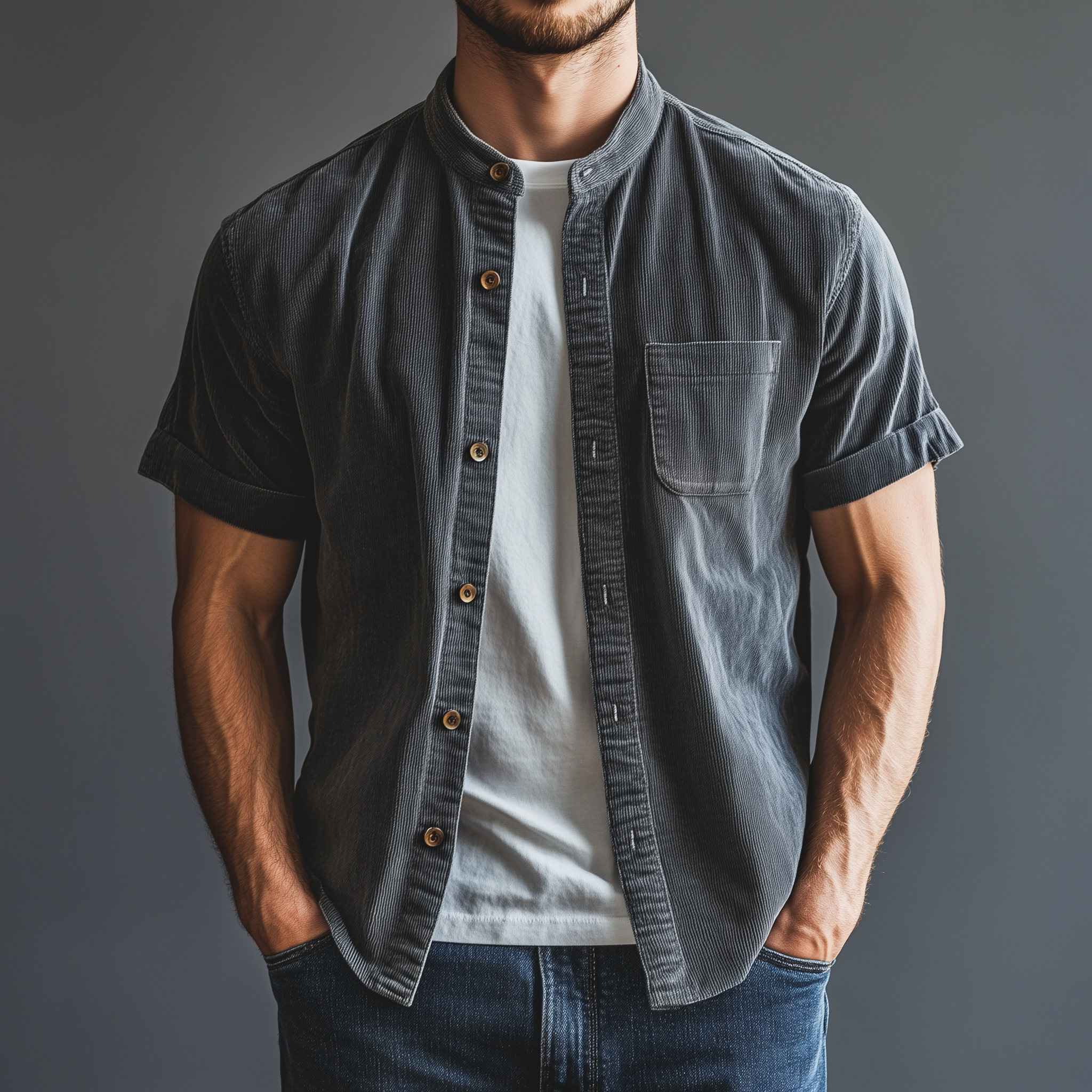 Men's Classic Casual Thin Corduroy Cuffs Roll-up Collar Short-sleeved Shirt MTA1974G6K