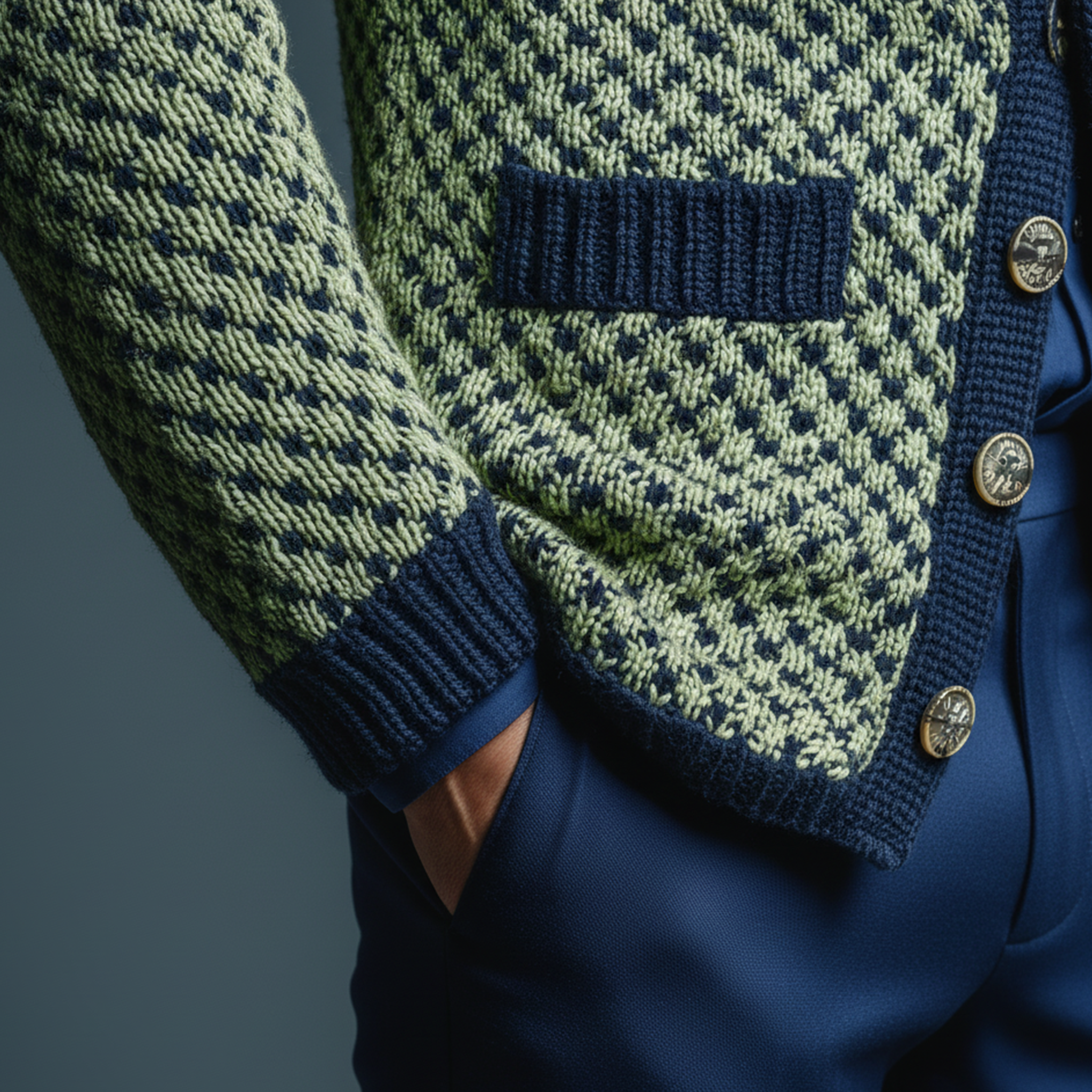 Men's Classic Casual Lapel Green And Navy Blue Slim Jacquard Knit Cardigan MTA2659I6K
