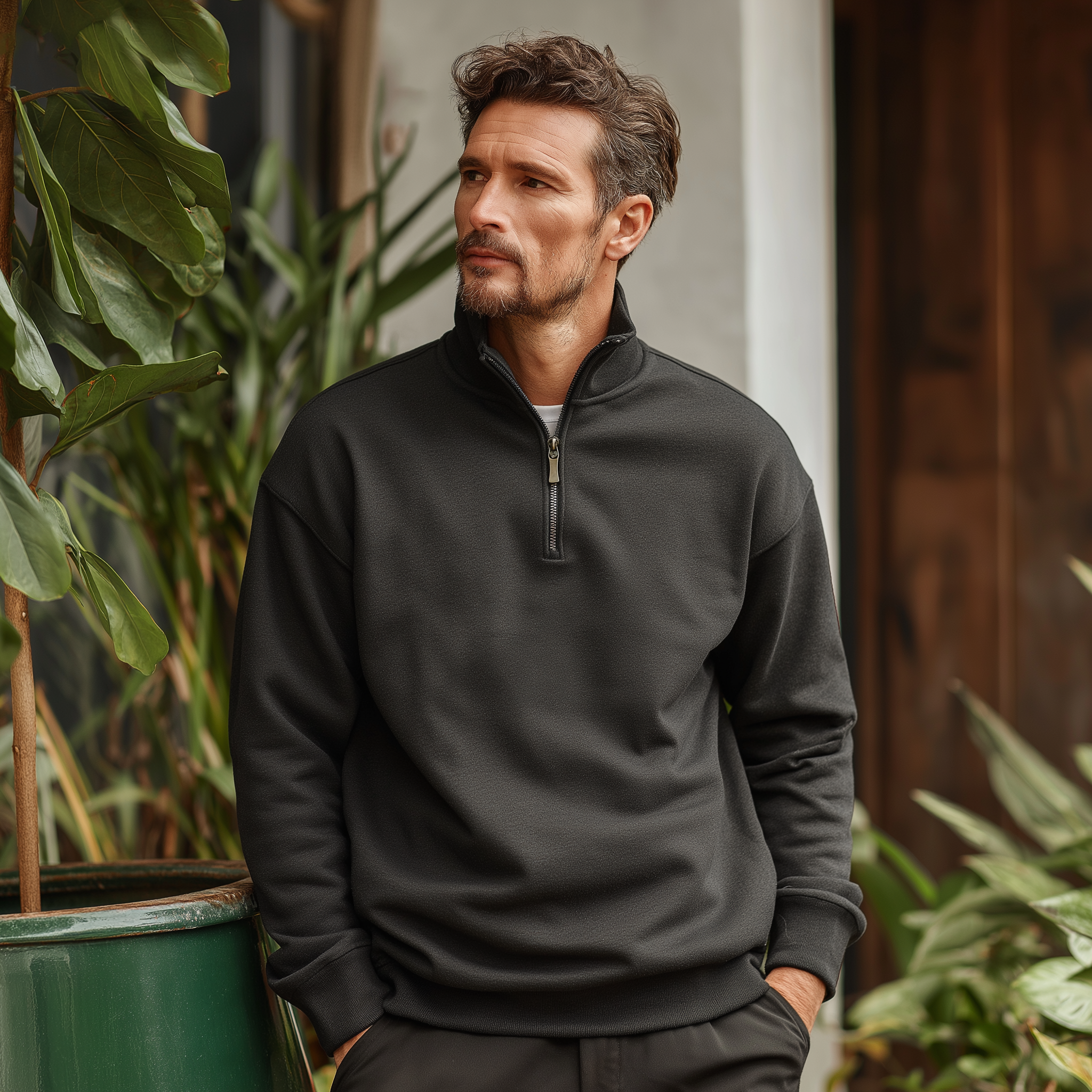 Men's Simple Half-Zip Cotton And Linen Stand-Up Collar Polo Shirt MTA0722H4P
