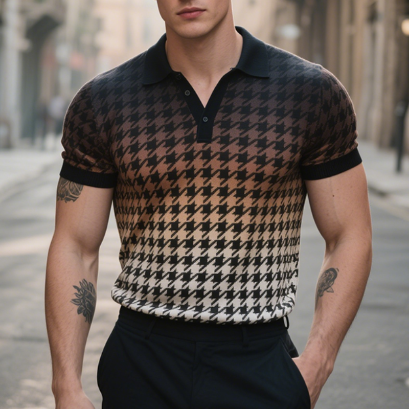 Men's Retro Casual Houndstooth Gradient Print Short-Sleeved Polo Shirt MTA2036E2TO