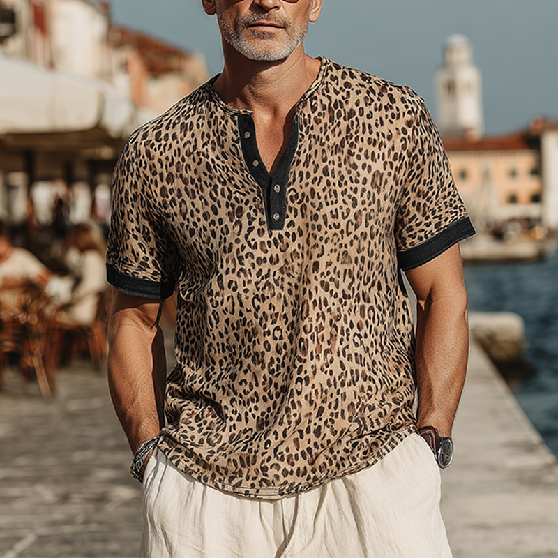 Men's Fashion Casual Cotton Blended Printed Leopard Stitching Henley Neck Short Sleeve T-Shirt MTA1476G2K