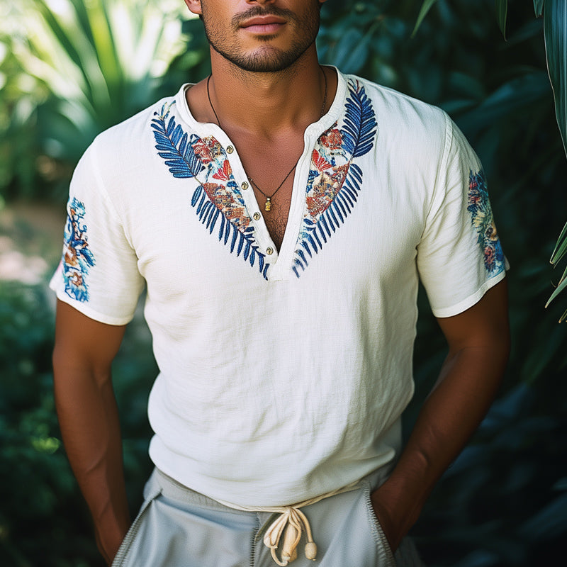 Men's Summer V-Neck Exquisite Embroidery Short Sleeve T-Shirt MTA1037E6U