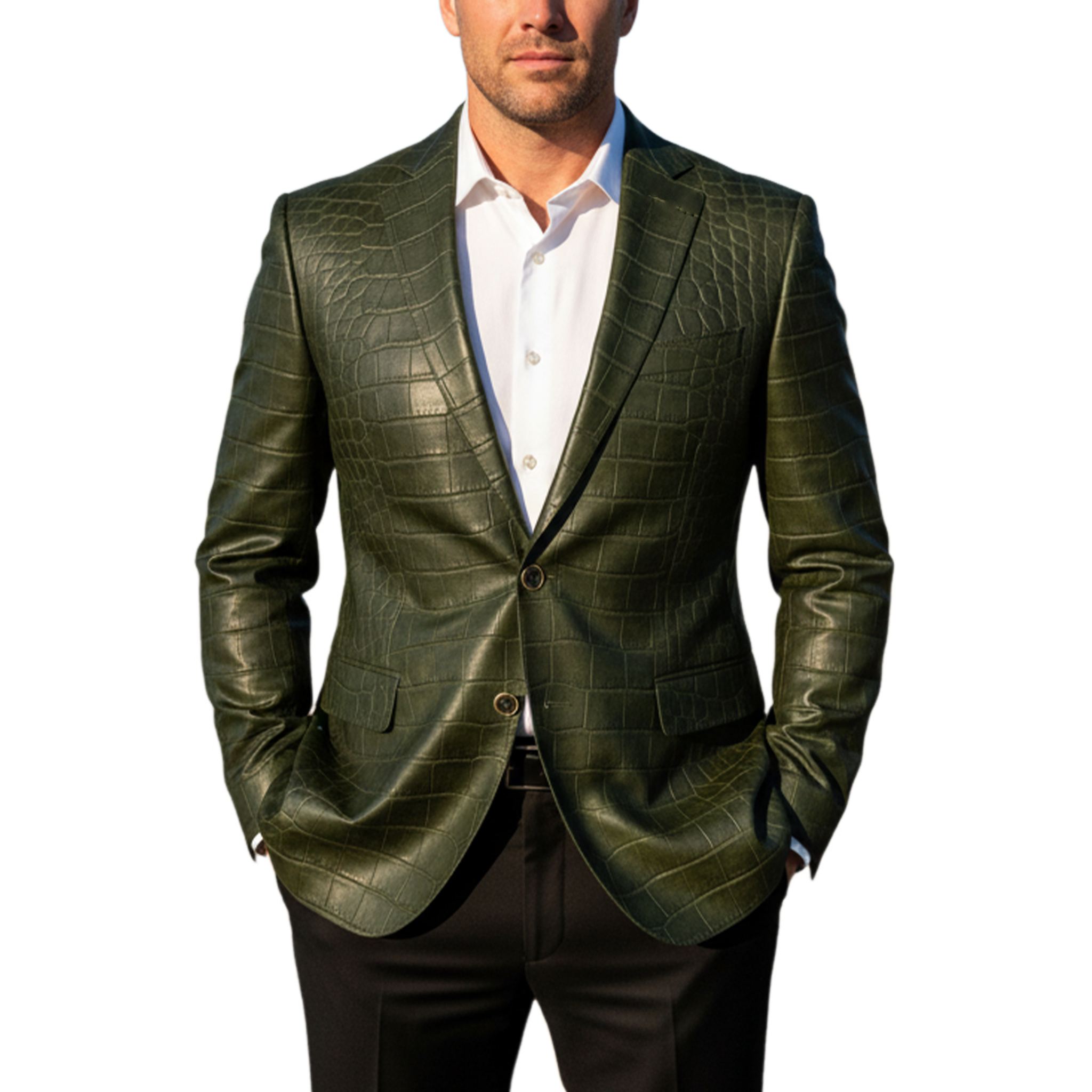 Men's Classic Retro Crocodile Leather Texture PU Leather Single-breasted Slim-fit Blazer MTA1544I0K