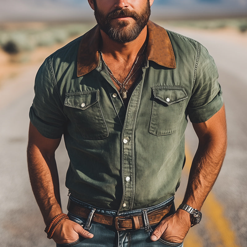 Men's Summer Western Cowboy Style Colorblock Denim Short-Sleeved Shirt MTA1563E0U