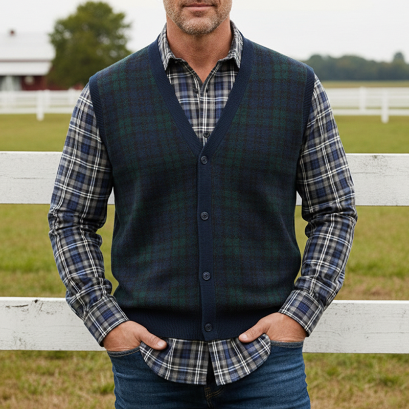 Men's Retro Color Block Plaid Cotton Knit Vest MTA1407K4P