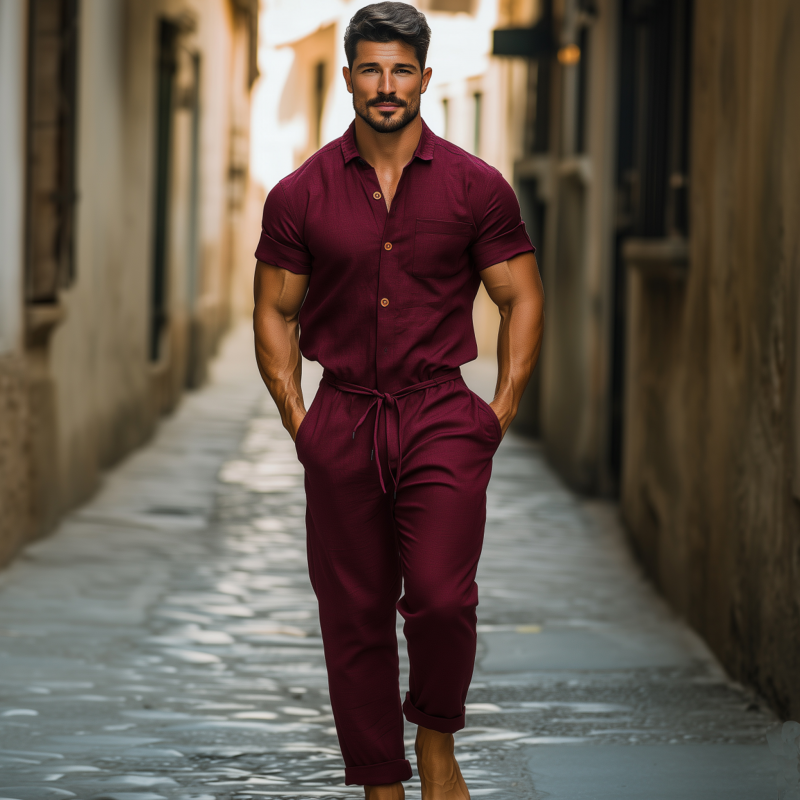 Men's Casual Breathable Cotton And Linen Lapel Patch Pocket Short-sleeved Pants Jumpsuit MTA1395F0M