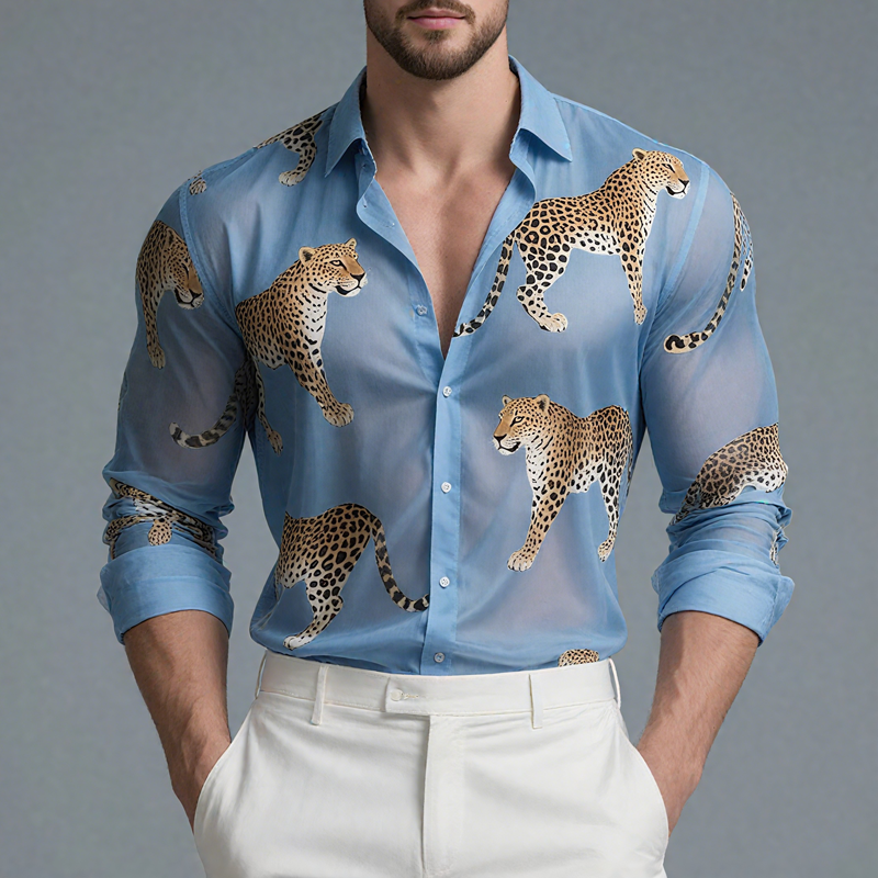 Men's Leopard Print Chiffon Lapel Long Sleeve Shirt MTA2120G3Z