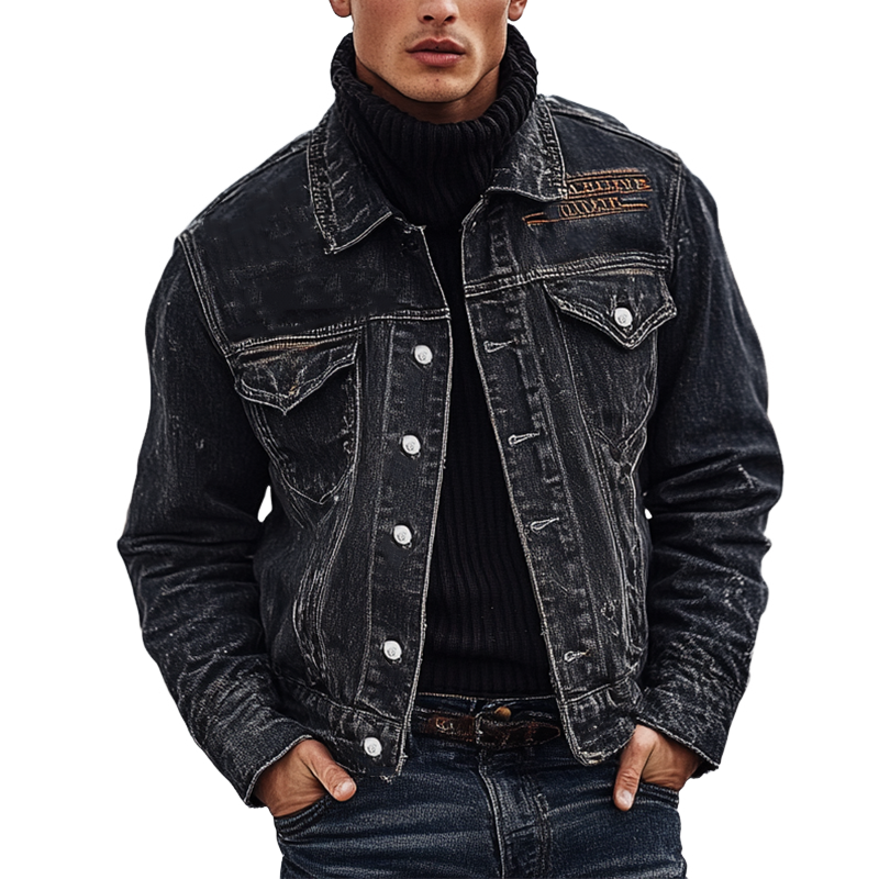 Men's Retro Washed Embroidered Collar Denim Jacket MTA0376K1X