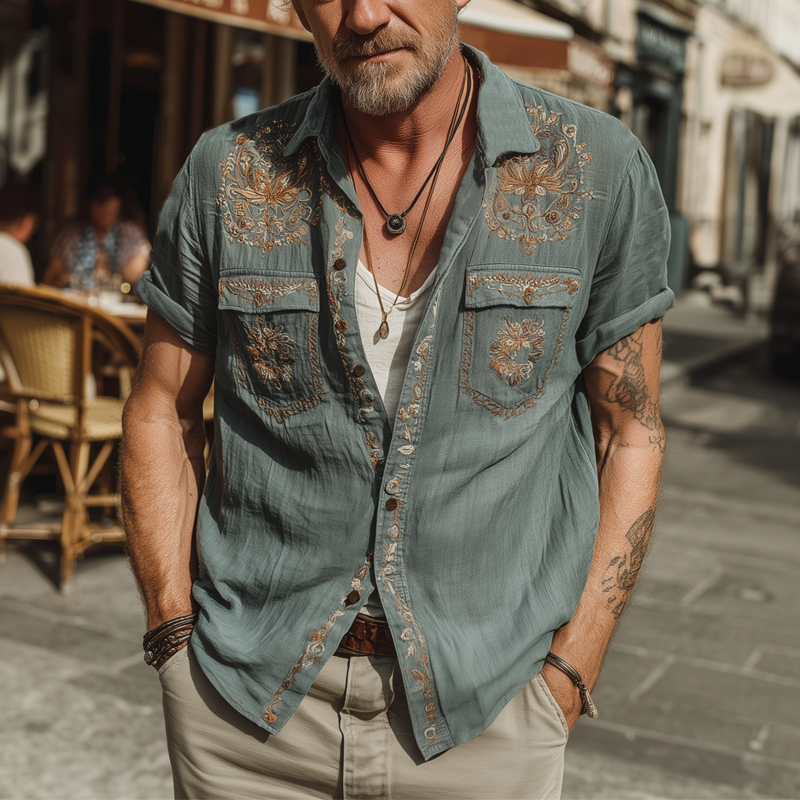 Men's Summer Retro Embroidered Cotton And Linen Short Sleeve Shirt MTA1888F1U