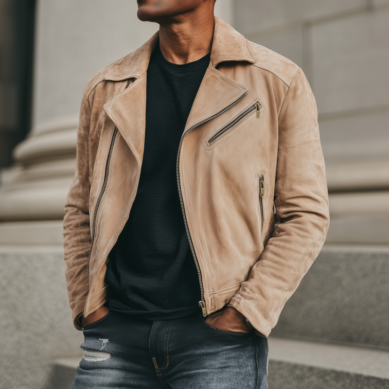 Men's Vintage Solid Color Faux Suede Lapel Slant Zipper Placket Slim Fit Jacket MTA2588G6M